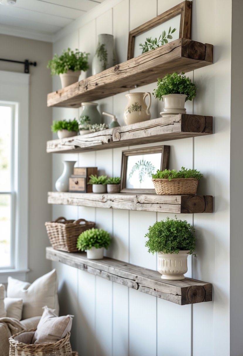 Distressed wooden shelves with decorative items on a living room wall.