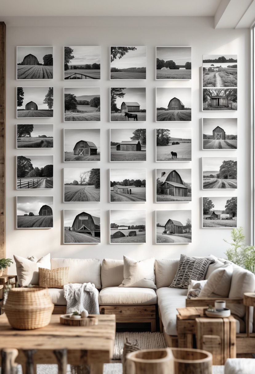 Living room with a large wall displaying fifteen black and white farmhouse photographs above a sofa and wooden furniture.
