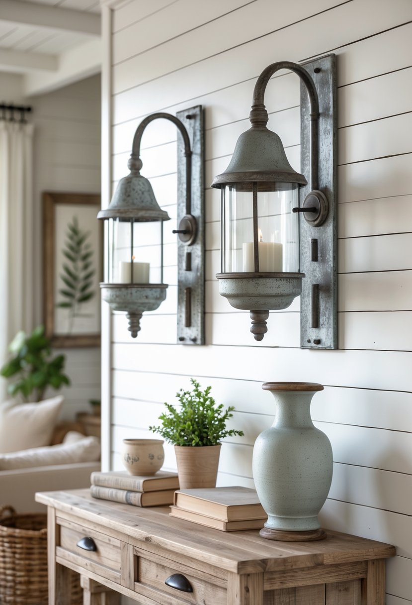 Living room wall with two galvanized metal wall sconces above a wooden console table with plants and decor items.