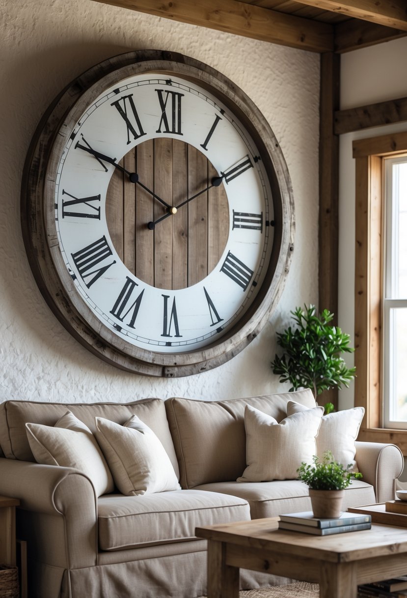 A living room with a large rustic wall clock featuring Roman numerals mounted above a sofa and coffee table.