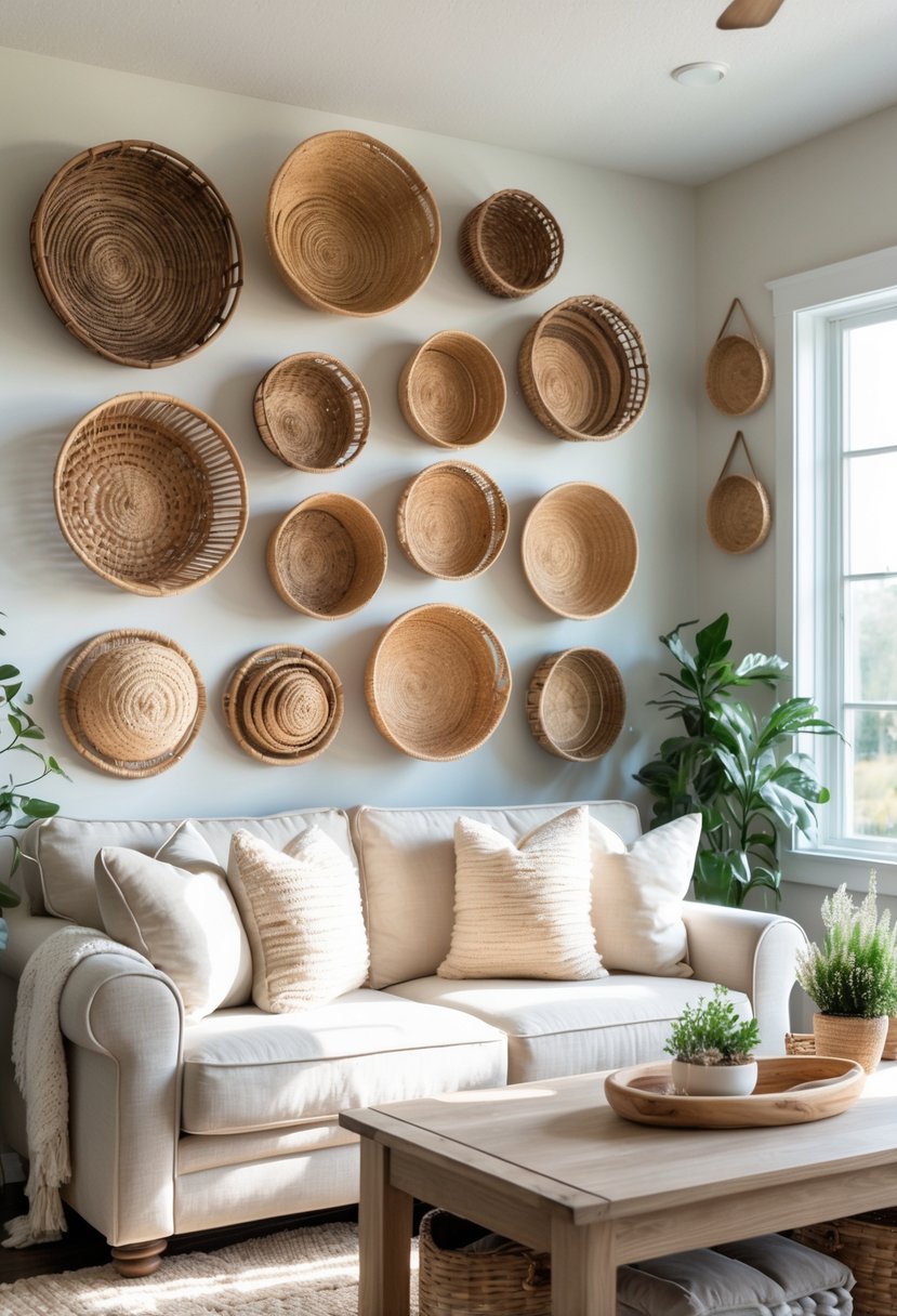 Living room wall decorated with 15 woven baskets arranged on a light-colored wall above a sofa.