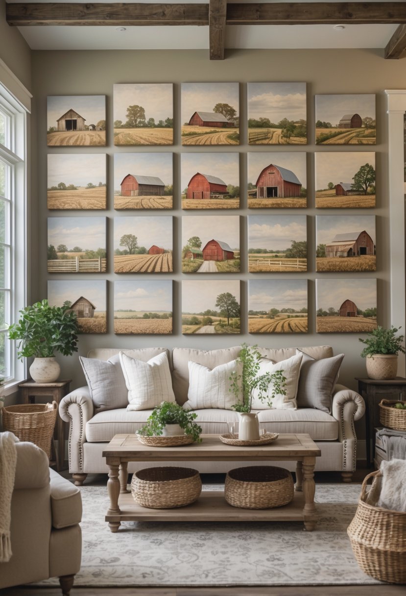 A living room with a sofa and a large wall displaying 15 canvas prints featuring rustic farm and nature scenes.