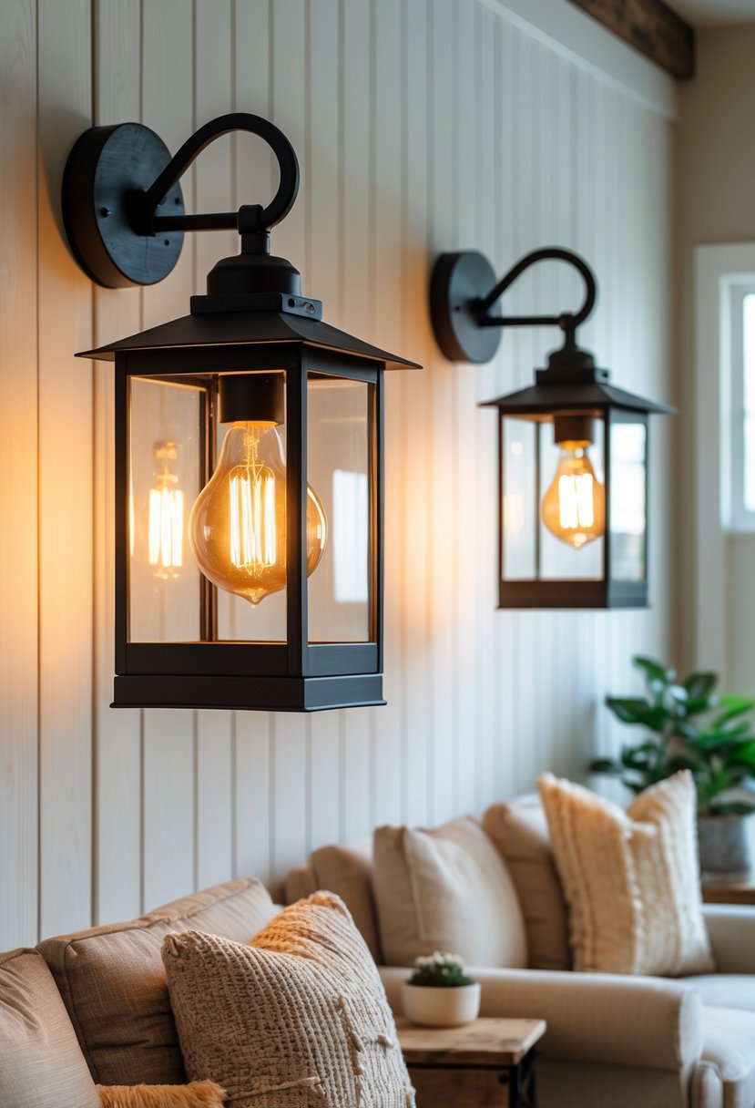 Living room wall with two black metal lanterns featuring glowing Edison bulbs mounted above a beige sofa.