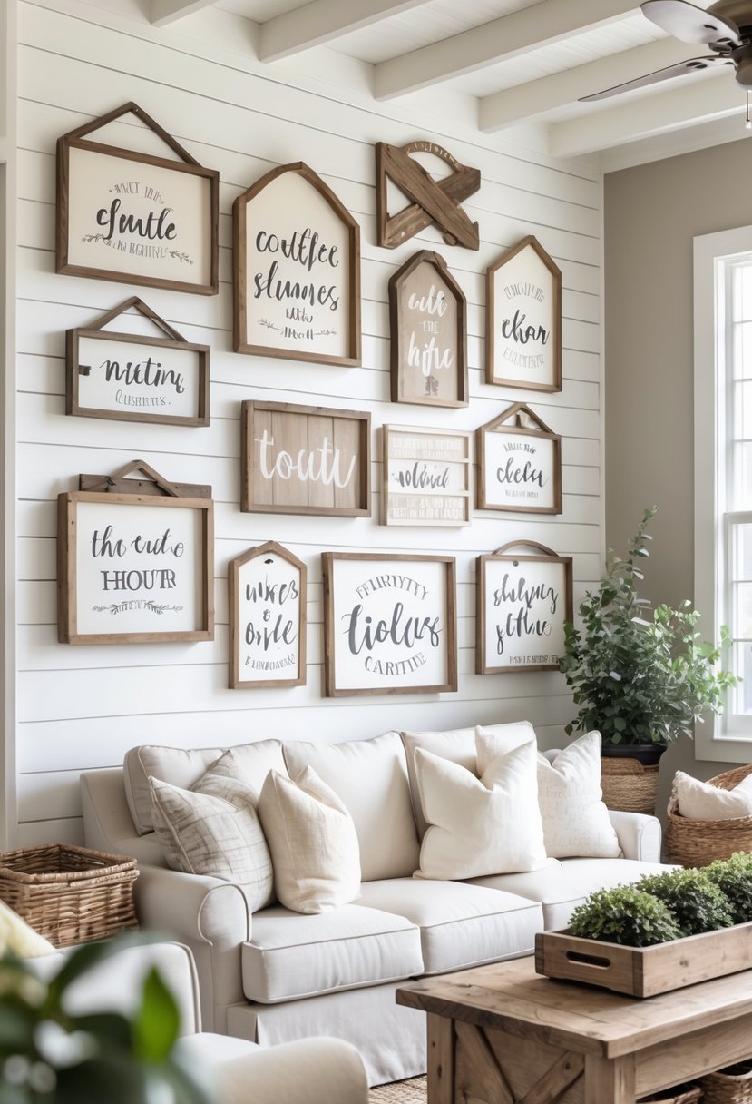 A cozy living room with rustic decorative signs on the wall, comfortable seating, a wooden coffee table, and plants.