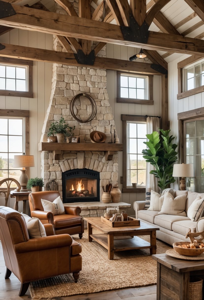 A living room with wooden beams, a stone fireplace, leather chairs, a sofa, and rustic decor.