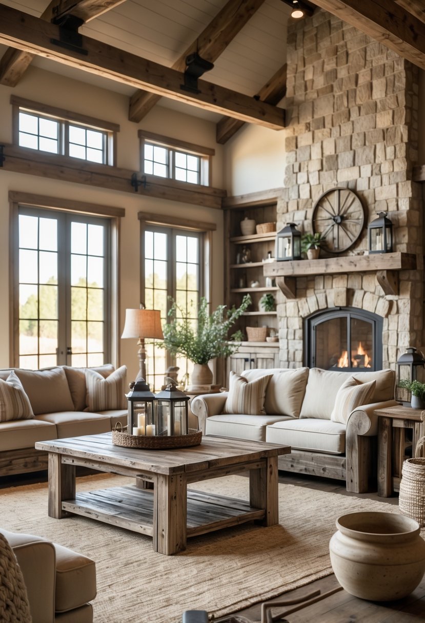 A spacious living room with distressed wood furniture, comfortable sofas, a stone fireplace, and warm natural light coming through large windows.