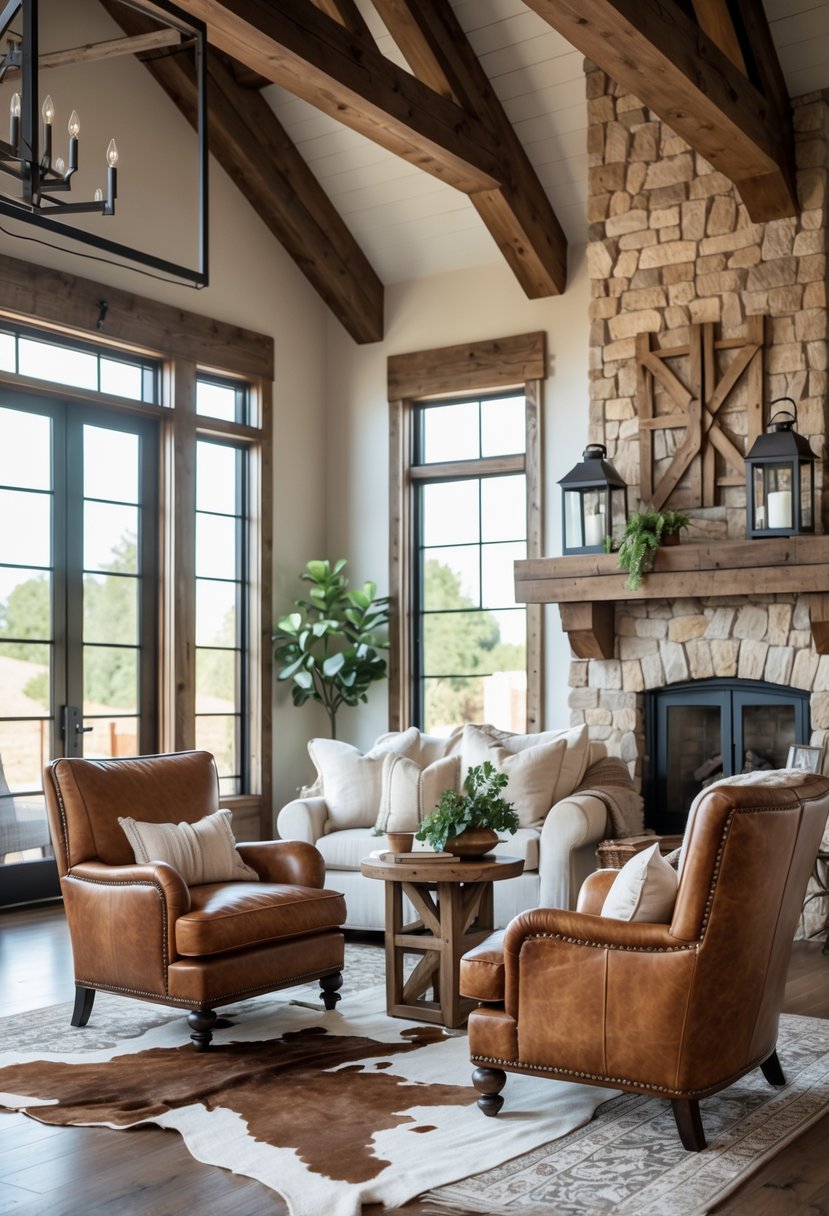 A living room with two leather chairs, a stone fireplace, wooden beams, and natural light coming through large windows.
