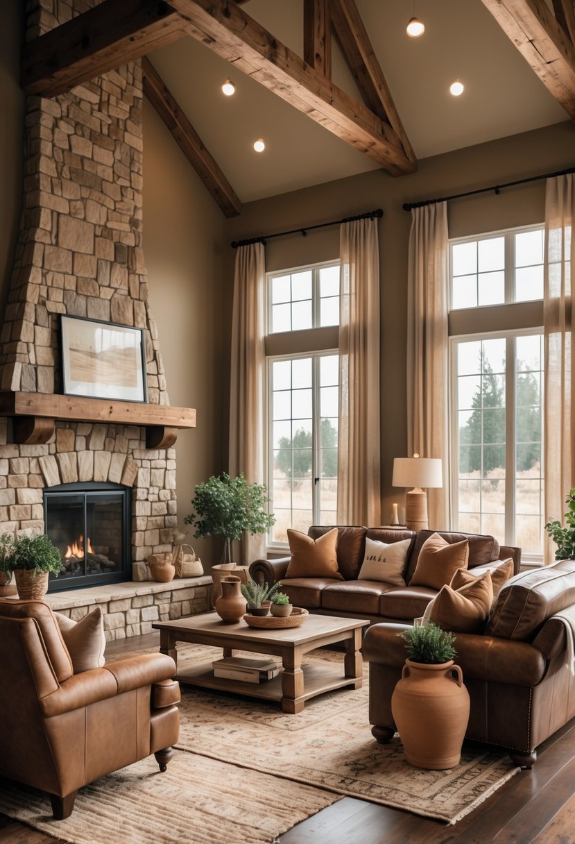 A cozy living room with a stone fireplace, wooden beams, leather sofa, and warm earthy colors.