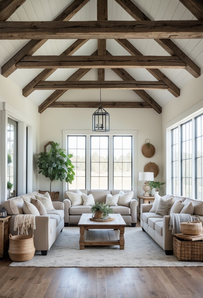 A bright living room with exposed wooden ceiling beams, comfortable seating, and natural light coming through large windows.
