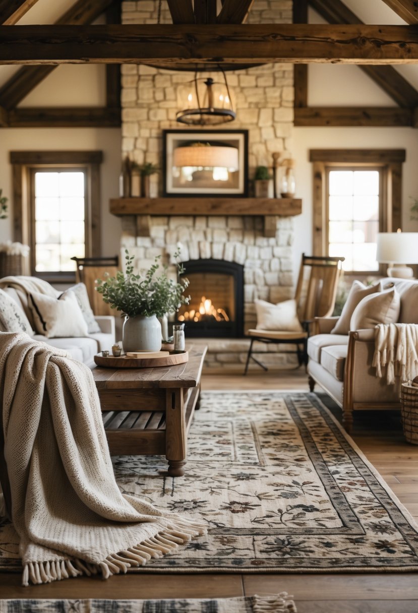 A living room with wool blankets on chairs and woven rugs on the floor, featuring wooden furniture and a stone fireplace.