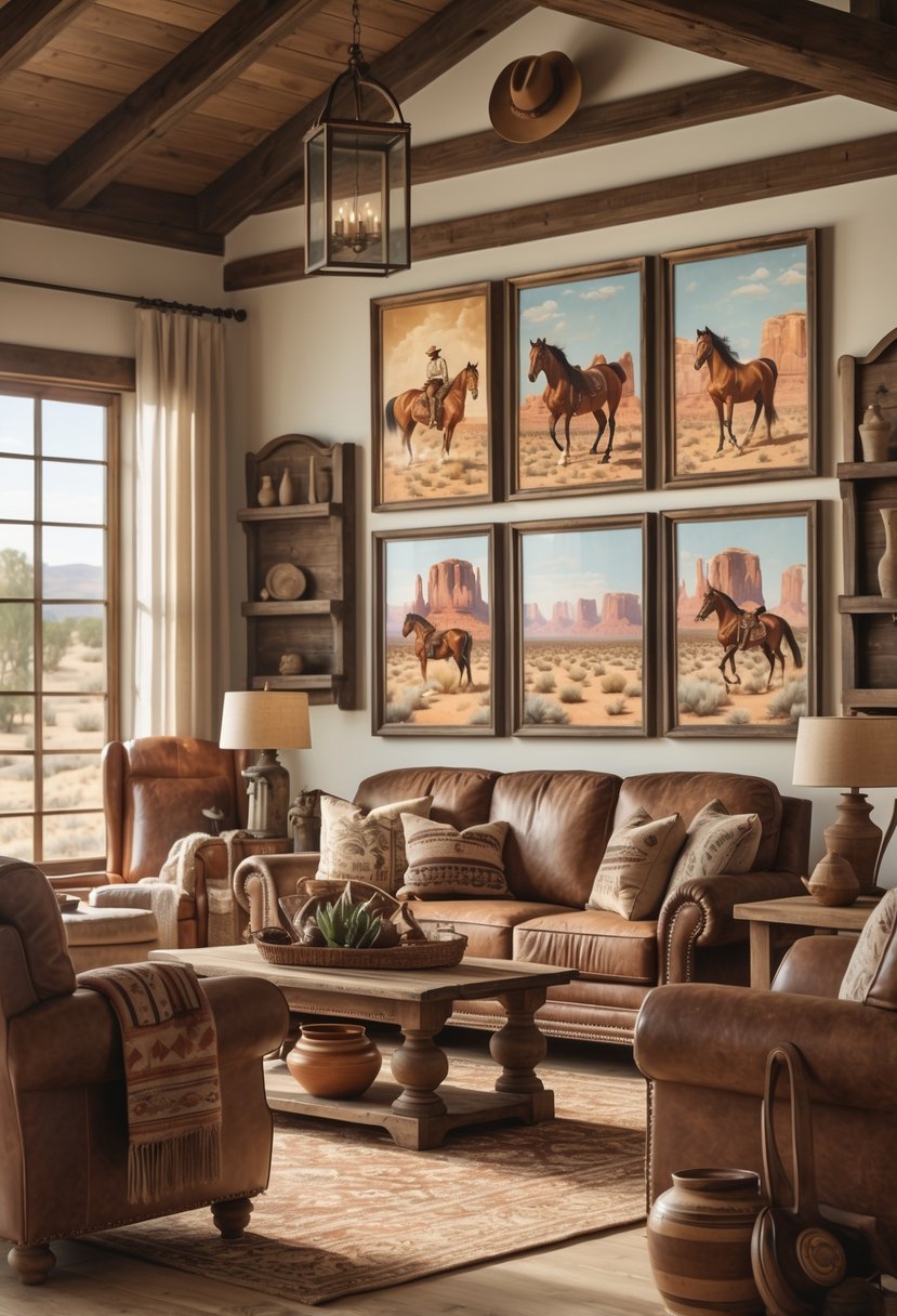 A cozy living room with wooden furniture and paintings of horses and desert landscapes on the walls.
