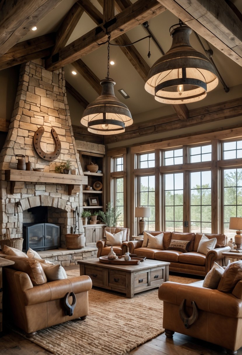 A spacious living room with wooden beams, a stone fireplace, leather sofas, and weathered metal light fixtures.