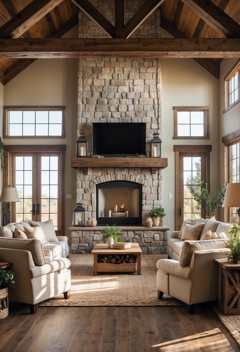 A spacious living room with a large stone fireplace, wooden beams, comfortable seating, and natural light coming through windows.