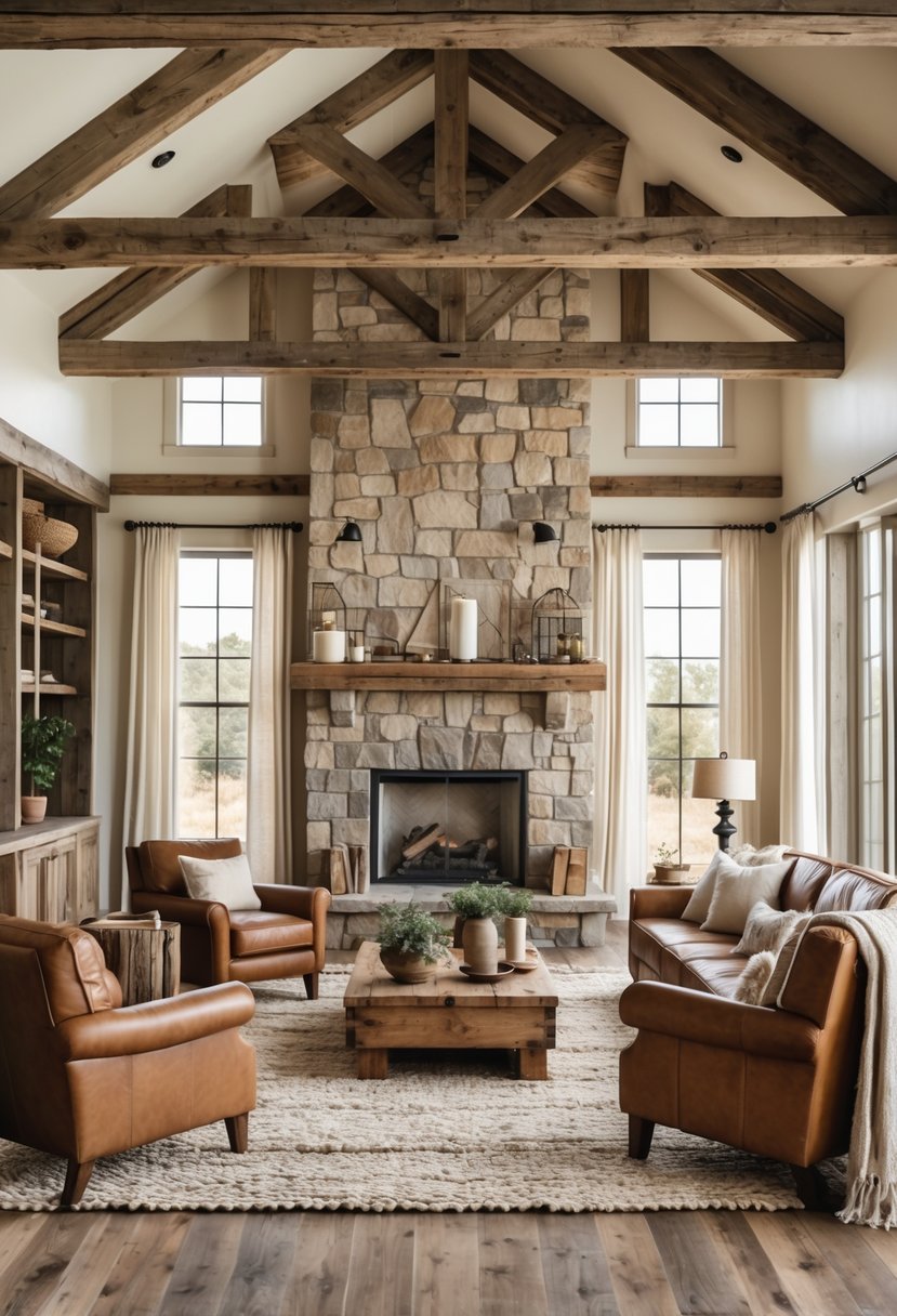 A spacious living room with stone fireplace, leather furniture, wooden beams, and natural light.