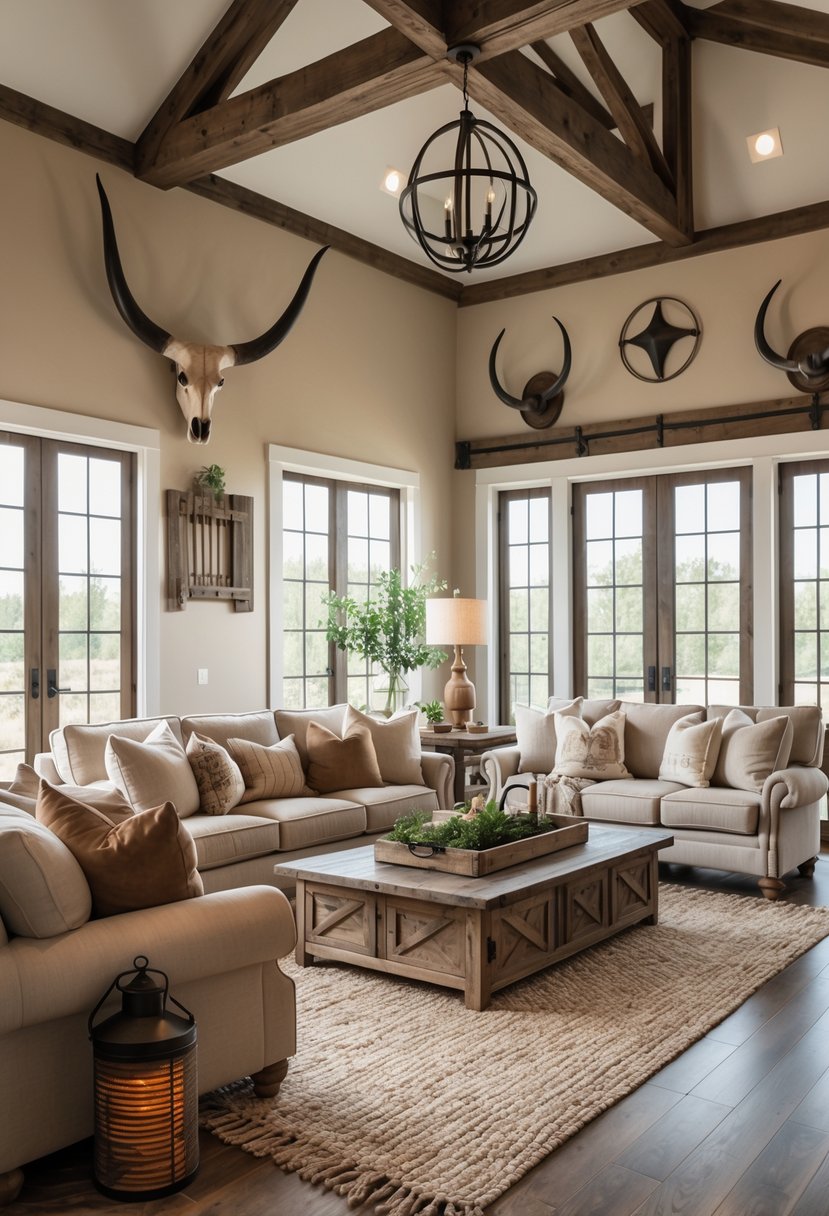 A living room with sofas, wooden furniture, and decorative longhorn horns and antlers on the walls.