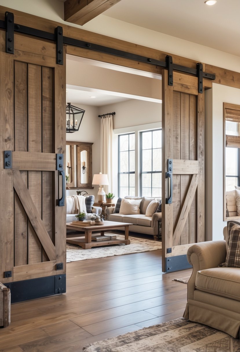 A living room with wooden sliding barn doors, comfortable seating, and natural light coming through large windows.