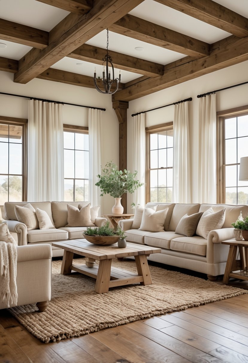 A spacious living room with a beige sofa, wooden beams, hardwood floors, a coffee table, and natural light coming through large windows.