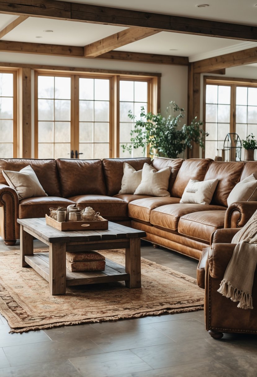 A living room with several brown leather sofas, wooden coffee tables, and natural light coming through large windows.