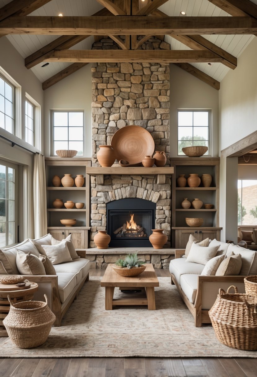 A living room with wooden furniture, a stone fireplace, handcrafted pottery on shelves, woven baskets, and natural light coming through large windows.