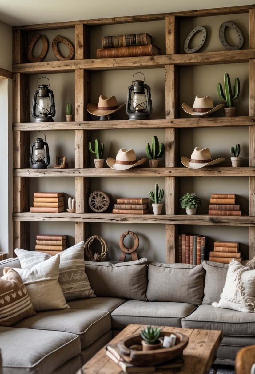 A living room with rustic wooden shelves displaying Western-themed decorations and cozy furniture.