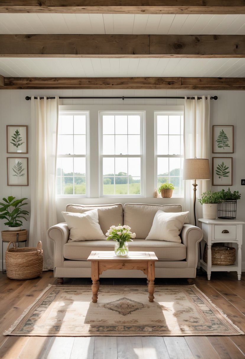 Small farmhouse living room with a sofa, wooden coffee table, plants, and natural light coming through large windows.