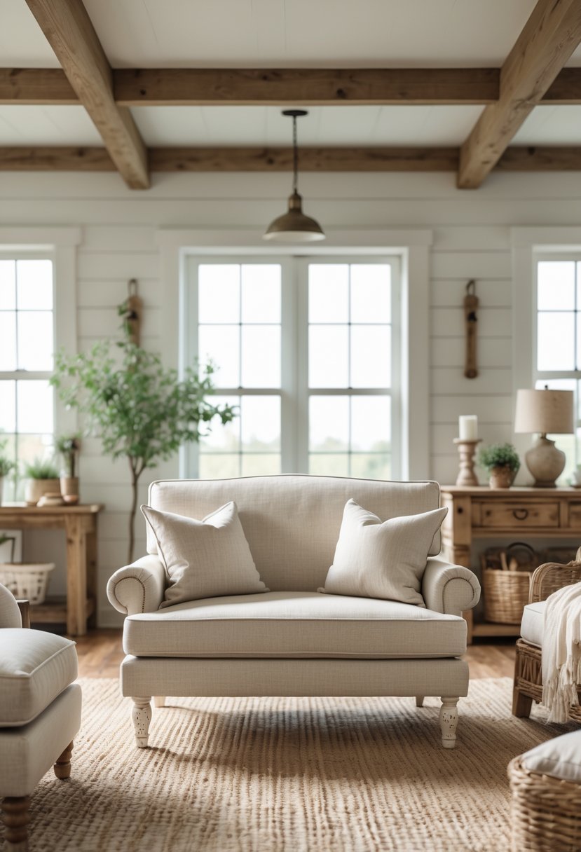 A small linen sofa with distressed wood legs in a cozy living room with wooden furniture and natural light.