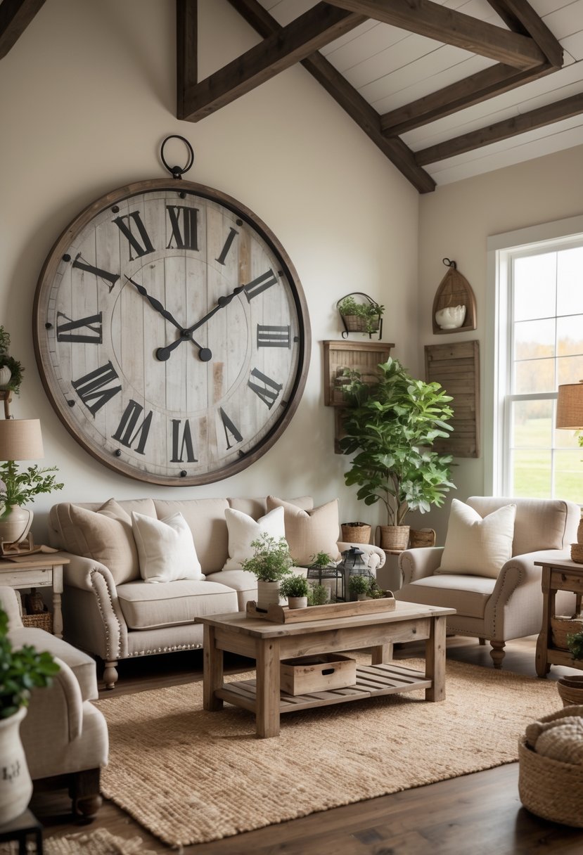 A cozy living room with a large rustic clock on the wall and various wooden furniture and decor items arranged around the space.