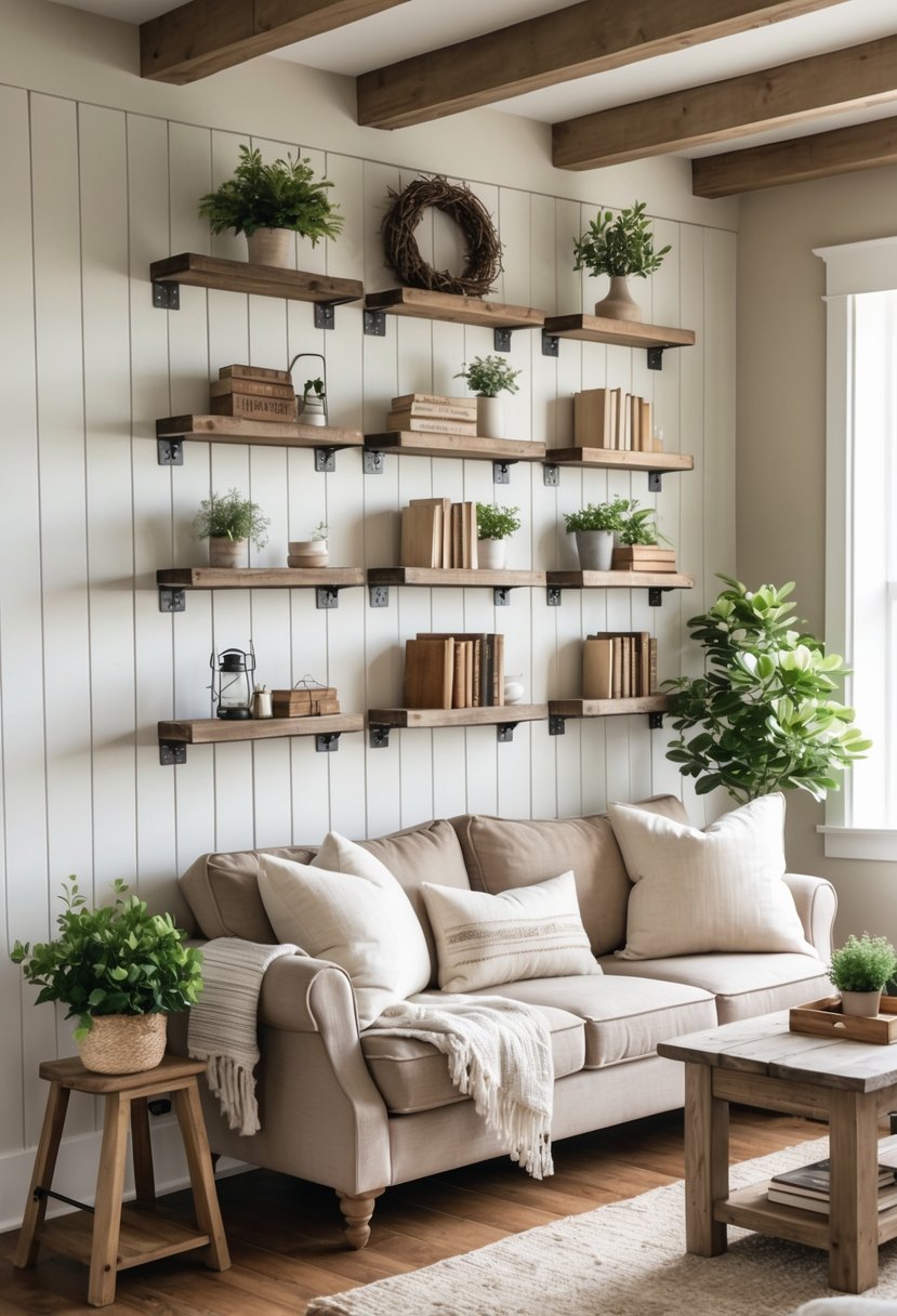 Living room with a wall featuring 13 small floating shelves supported by rustic brackets, decorated with plants and books.