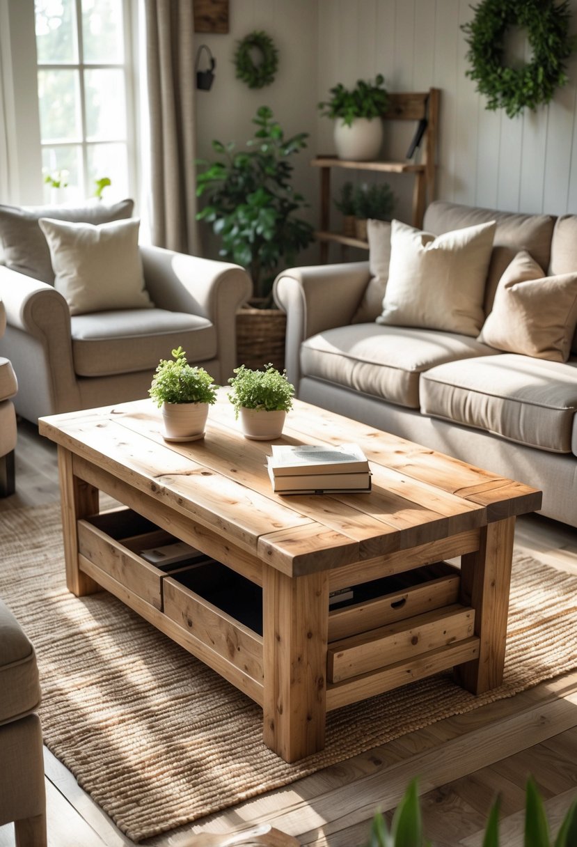 A living room with a wooden coffee table that has storage, surrounded by seating and natural light.