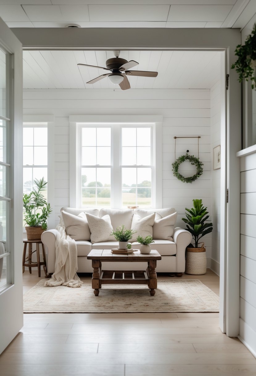 A small living room with white shiplap walls, a sofa, a wooden coffee table, and natural light coming through windows.