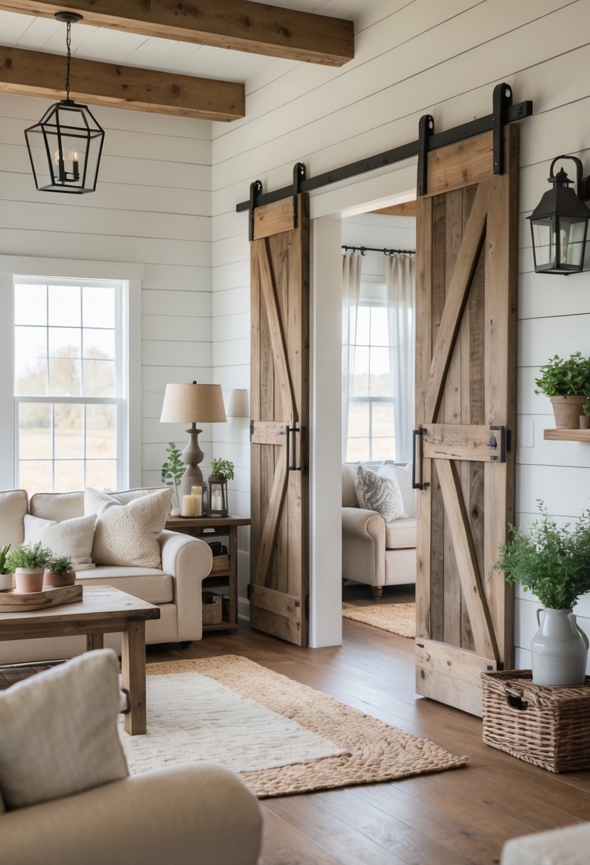 A small farmhouse living room with rustic barn doors used as room dividers, showing a cozy seating area with natural light.