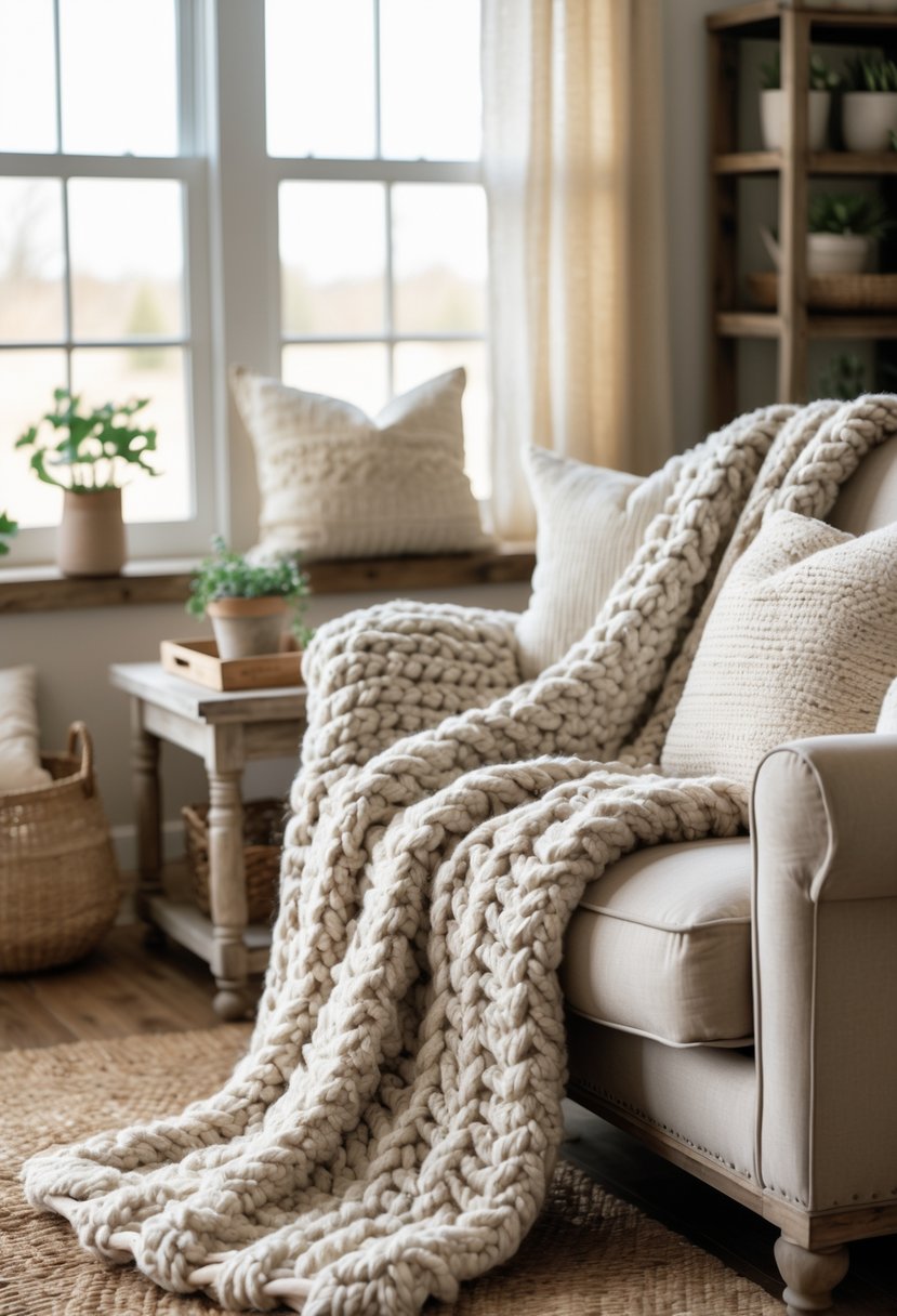 A small living room with a sofa covered by a large knit throw blanket, rustic wooden furniture, and soft natural light.
