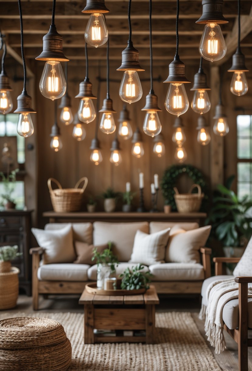 A cozy living room with multiple small metal light fixtures casting a warm glow over wooden furniture and soft textiles.