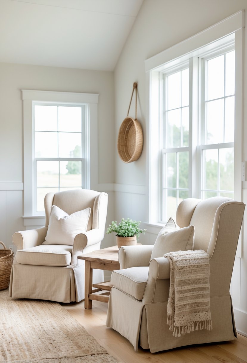 A small living room with two slipcovered accent chairs around a wooden coffee table and natural light coming through a window.