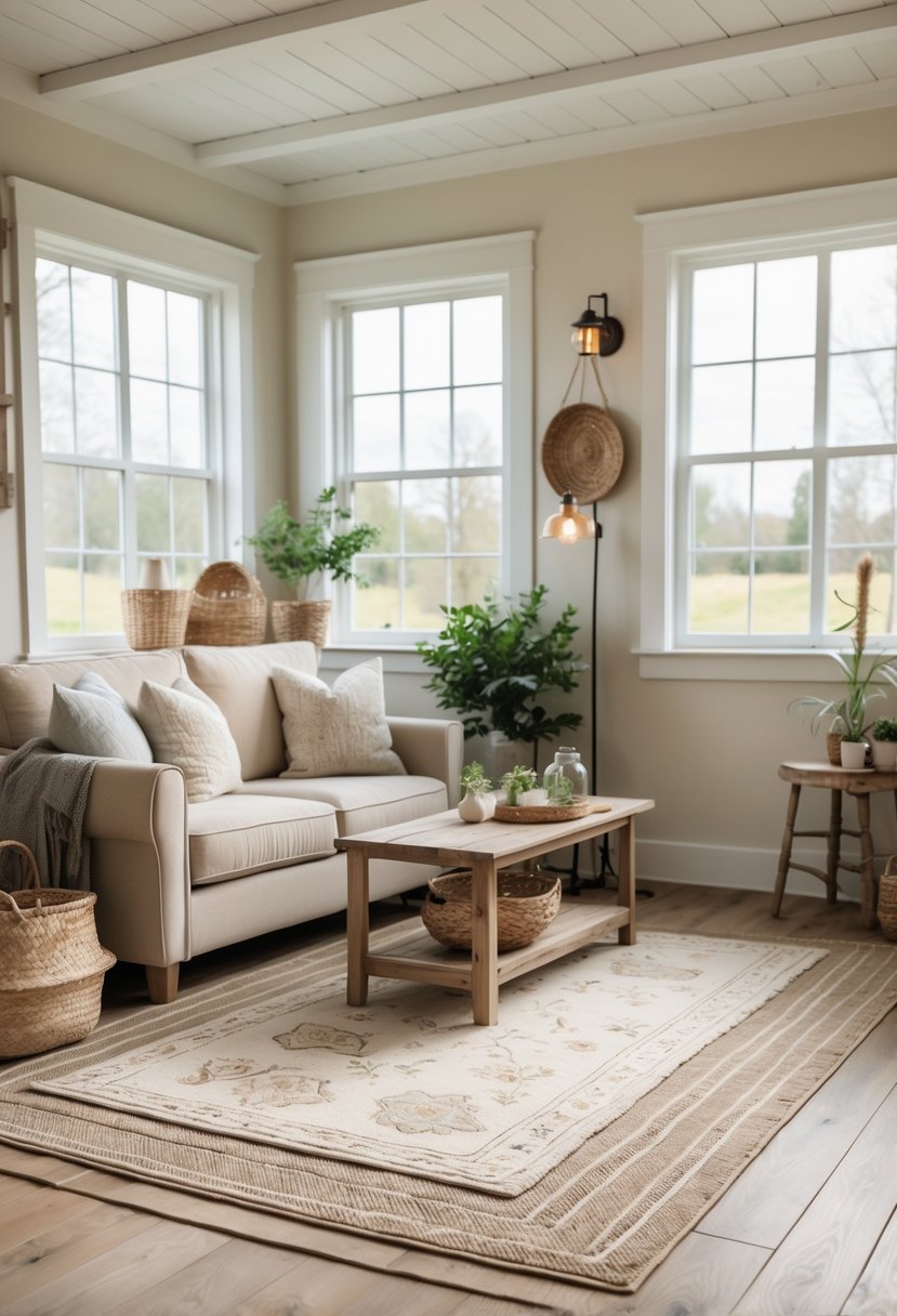 A small living room with layered neutral patterned rugs, a sofa, wooden coffee table, plants, and natural light.