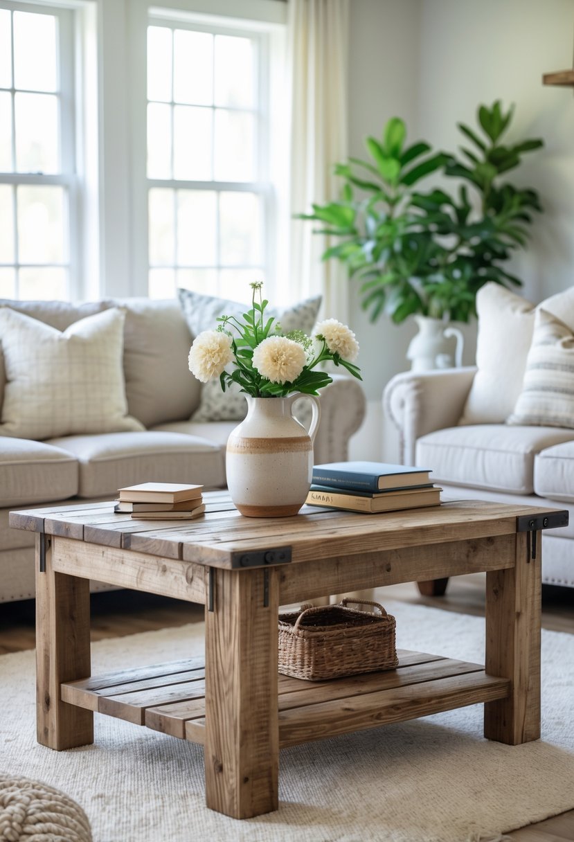 A rustic wooden coffee table in a bright living room with a sofa, flowers, books, and plants.