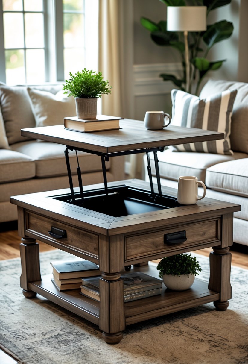 Square lift top coffee table with storage and charging ports in a living room with sofa and natural light.