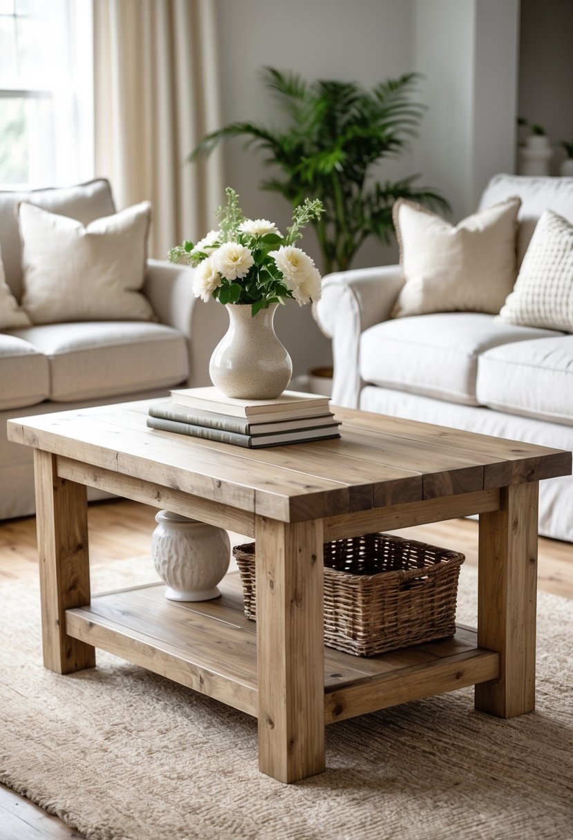 A wooden coffee table in a bright living room with a sofa and decorative items on and around the table.