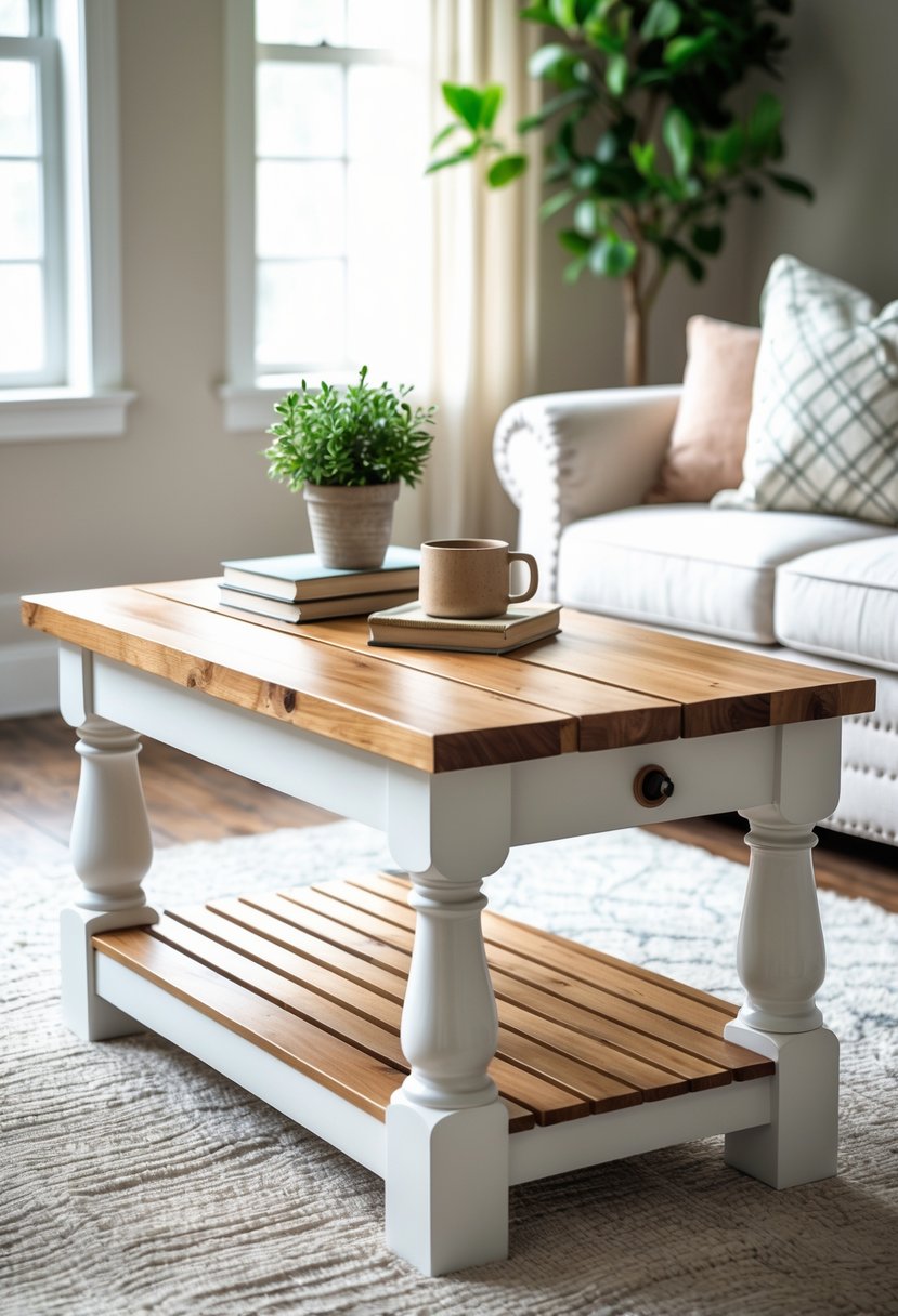 A two-tone wooden coffee table with a slatted bottom shelf in a well-lit living room with decorative items on top.