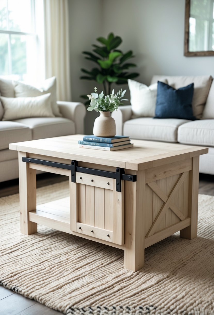A wooden coffee table with a sliding barn door in a bright living room with a sofa and decorative items.