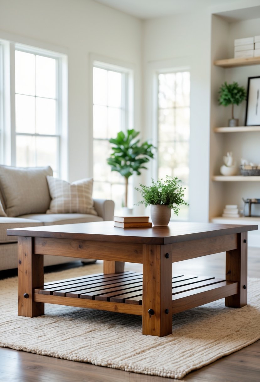A wooden coffee table with an open slatted shelf base in a bright living room with a sofa and plants.
