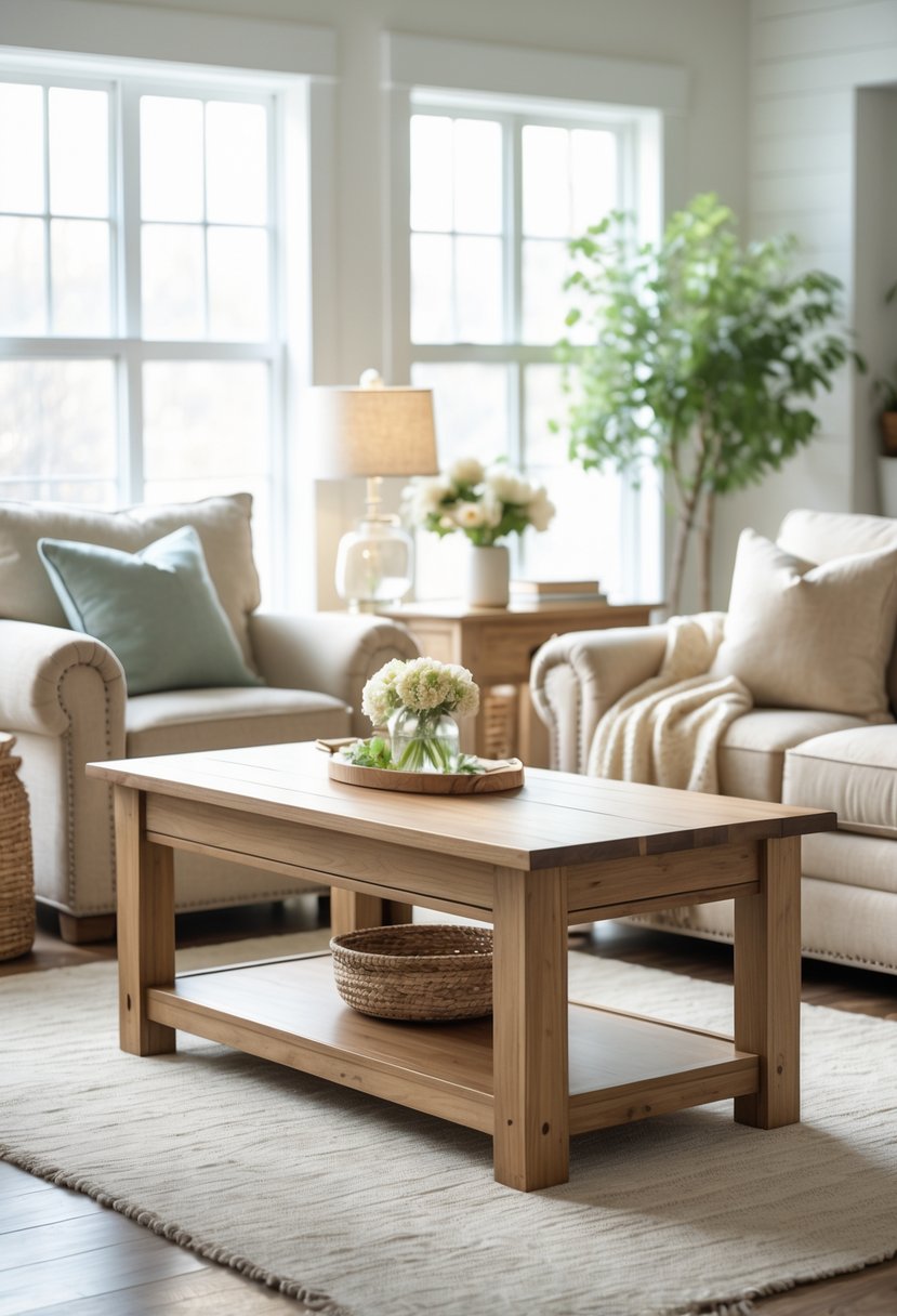 A wooden coffee table in a bright living room with seating and home decor.