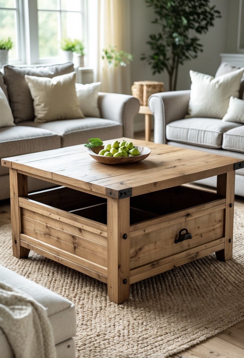 A wooden coffee table with its top lifted to reveal a large hidden storage space in a bright living room.
