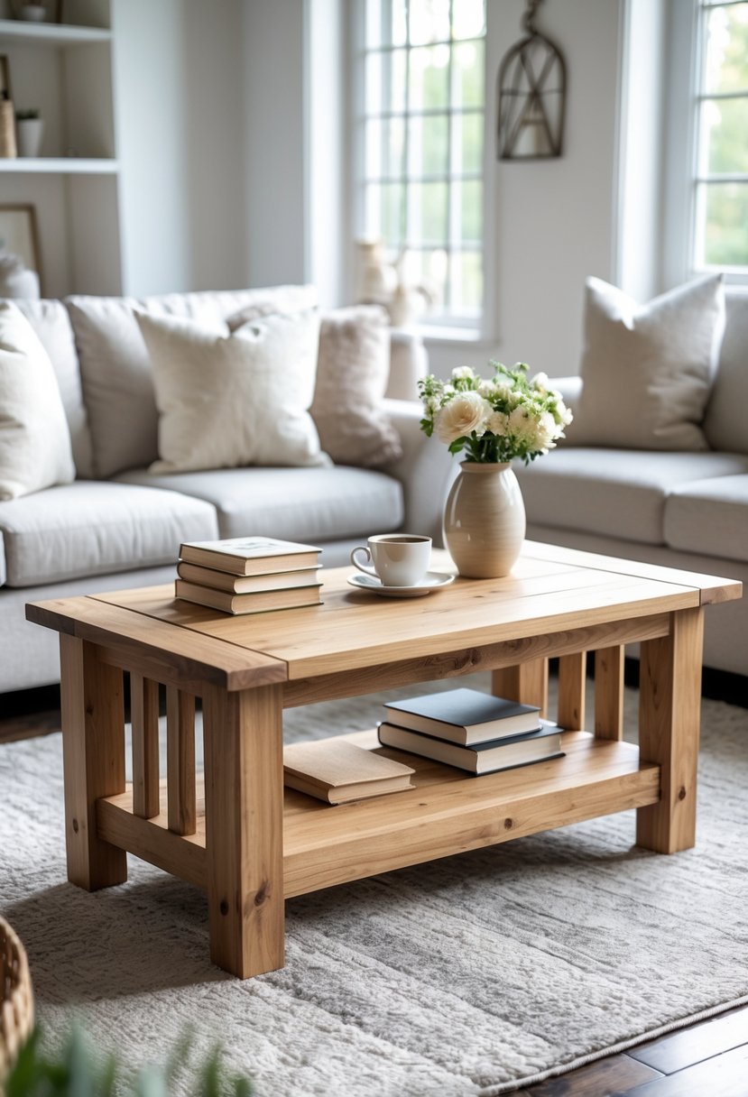 A wooden coffee table with slatted side panels in a bright living room with sofa and decorative items on the table.