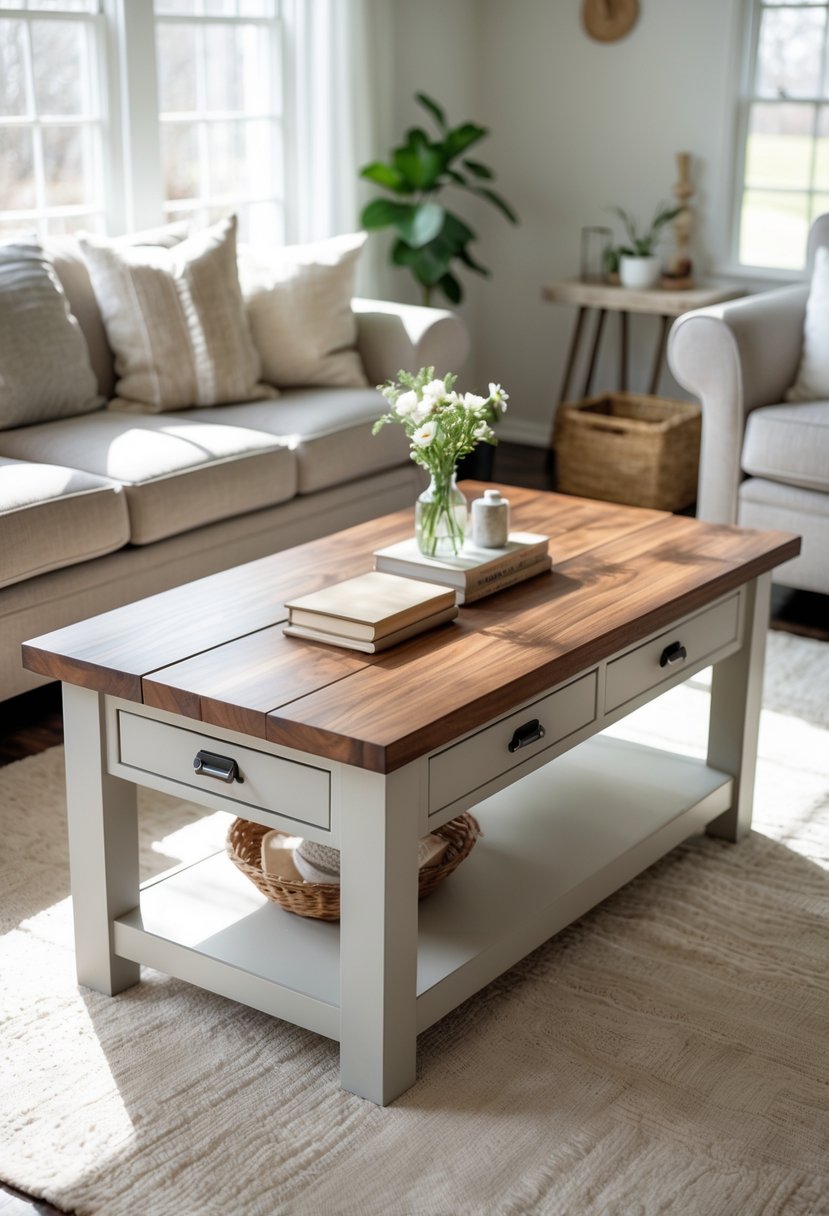 A wooden coffee table with drawers in a bright living room setting.