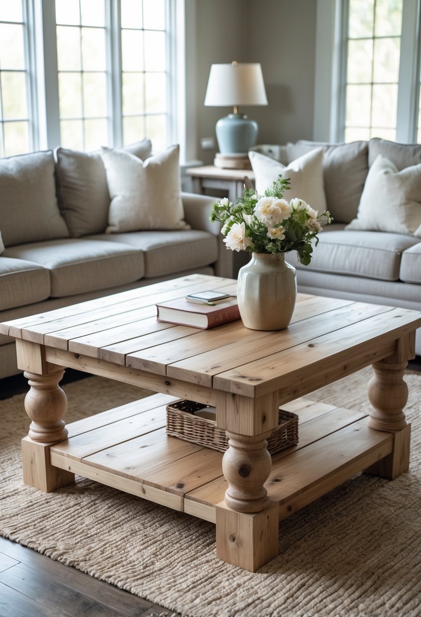 A wooden coffee table with a spacious top in a cozy living room setting.
