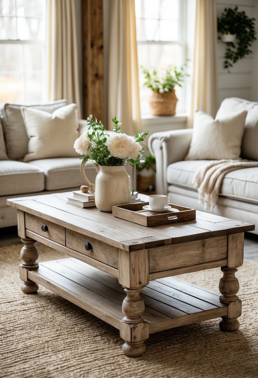 A wooden coffee table in a cozy living room with sofas, a rug, and decorative items on the table.