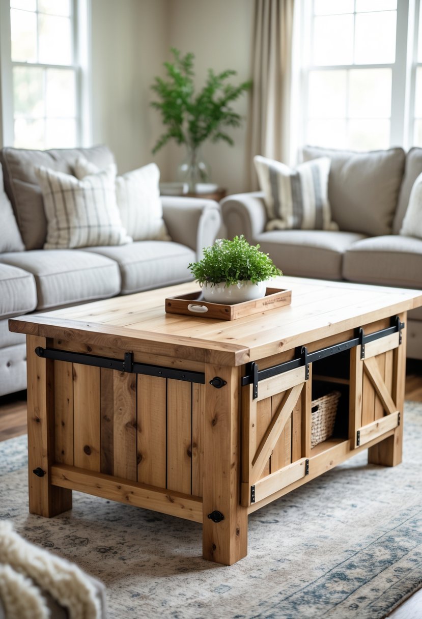 A rectangular wooden coffee table with sliding barn door panels in a cozy living room setting.