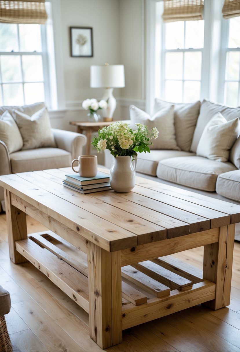A large wooden coffee table in the center of a living room with sofas and natural light.