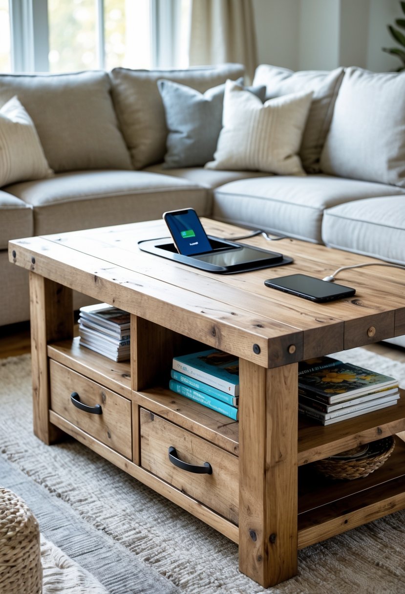 A wooden coffee table with storage compartments and electronic devices charging on top, placed in a bright living room with a sofa and rug.